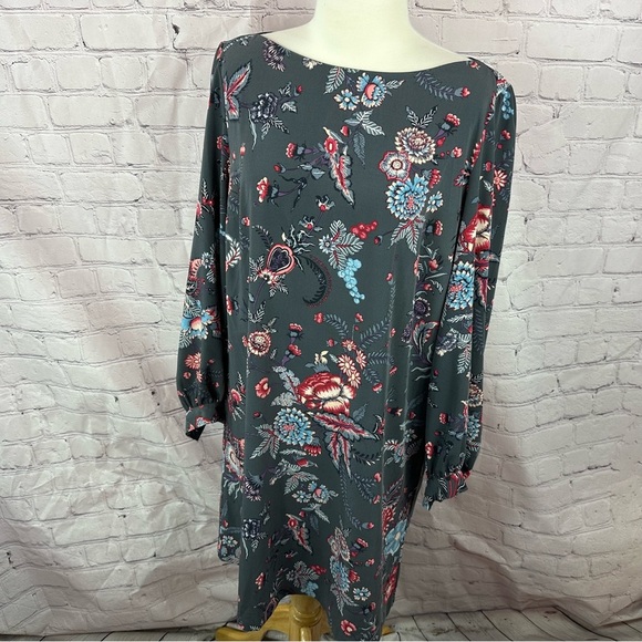 LOFT grey floral midi shift dress sz 14 classic long sleeve - Picture 1 of 8